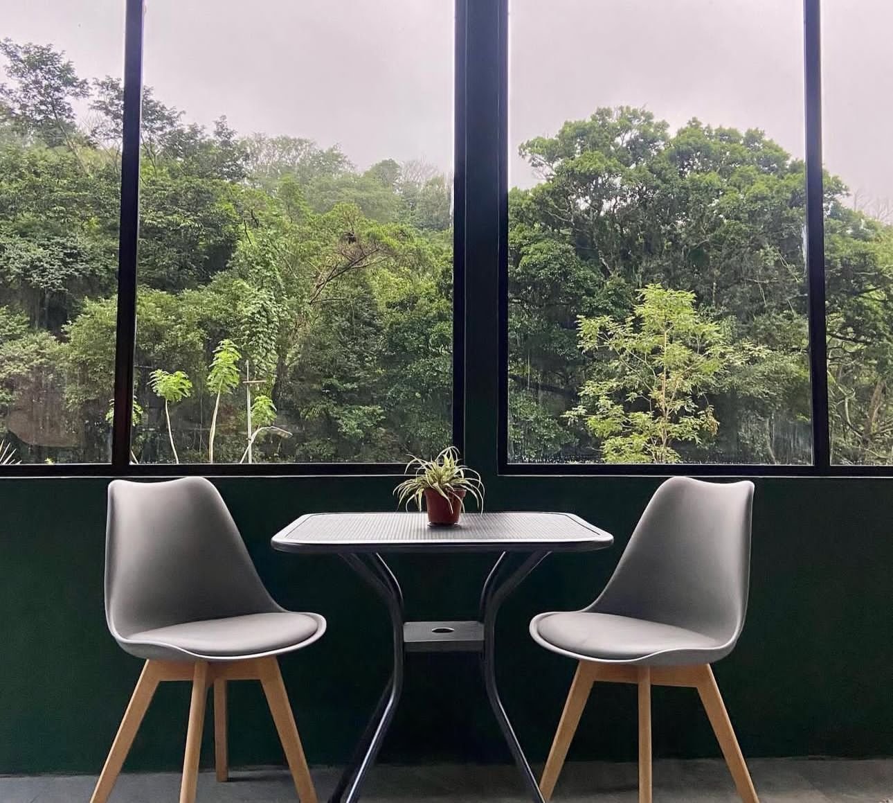 Sala con ventanales panorámicos 360° en cabaña de Poás con vista al bosque